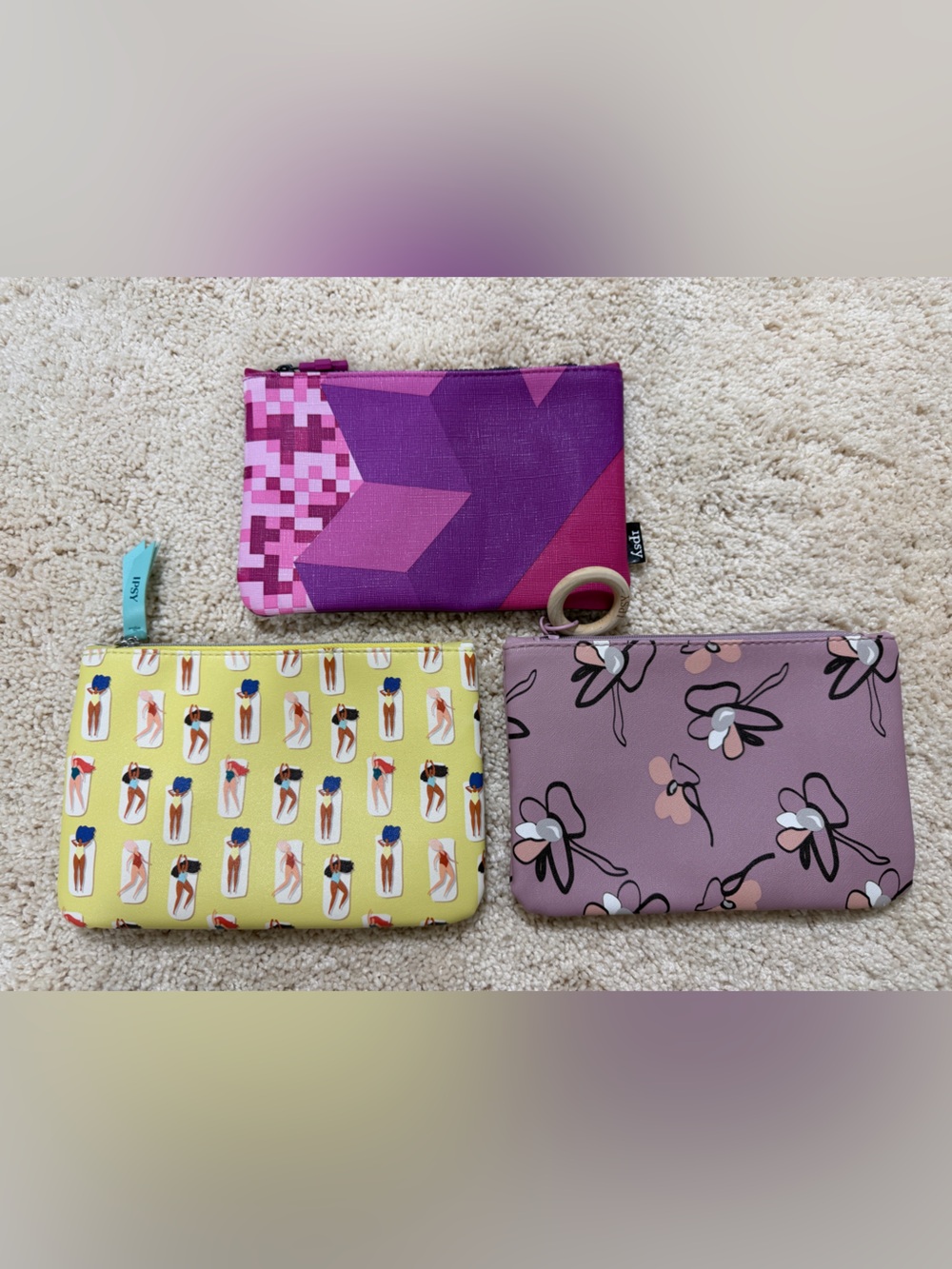 IPSY 3 Small Bags Purple and Women in Bathing Suits